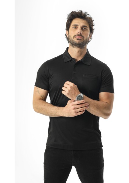 Polo Yaka Düğmeli Cepli Düz Renk T-SHIRT-6288