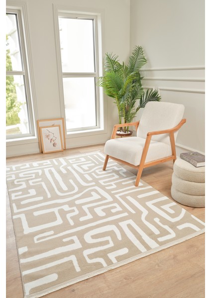 Moderno 3335 Bej Beyaz Modern Desenli Dokuma Halı Salon Oturma Odası Mutfak Halısı Tozumaz Makine Halısı
