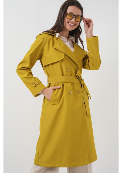 5918 Kruvaze Yaka Trençkot - Yağ Yeşil