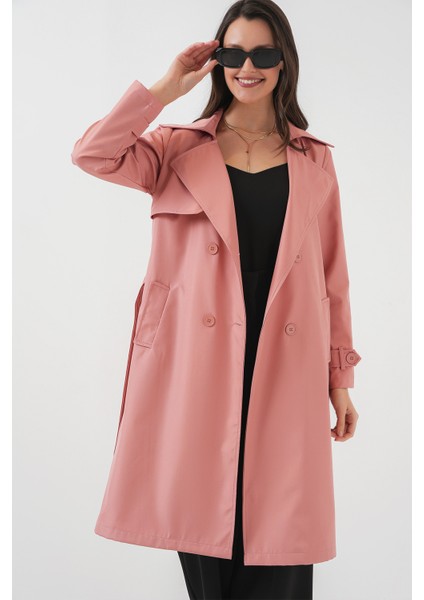5918 Kruvaze Yaka Trençkot - Pembe