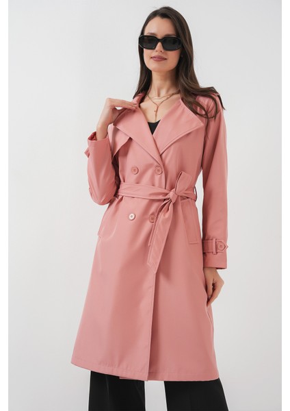 5918 Kruvaze Yaka Trençkot - Pembe