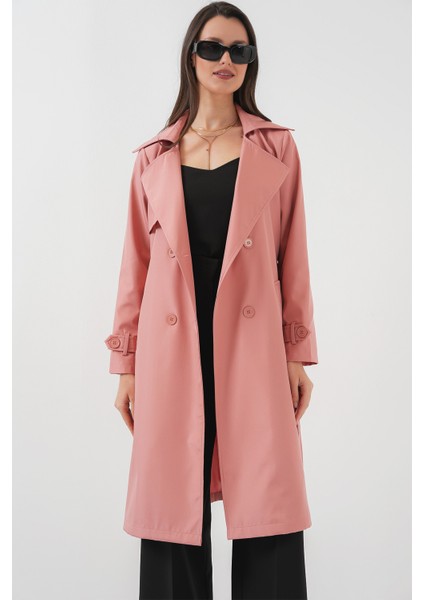 5918 Kruvaze Yaka Trençkot - Pembe