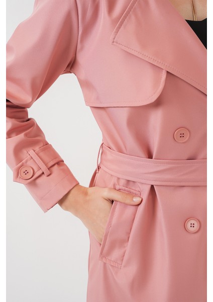 5918 Kruvaze Yaka Trençkot - Pembe