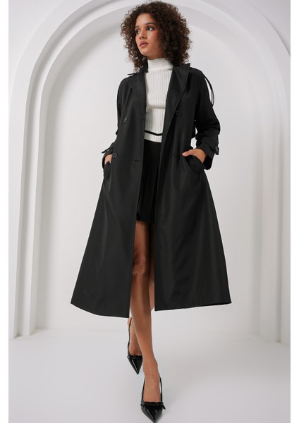 5941 Kruvaze Yaka Uzun Trençkot - Siyah