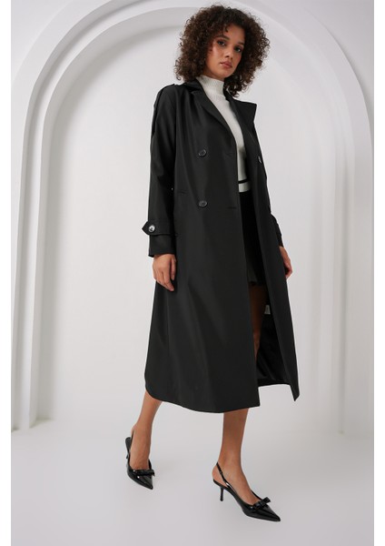 5941 Kruvaze Yaka Uzun Trençkot - Siyah fırsatları
