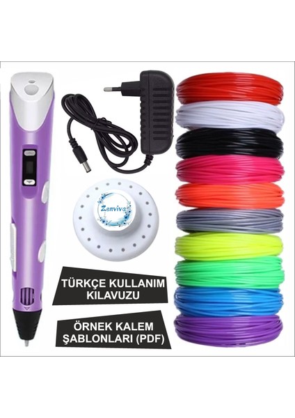 Mor Renk 3D Kalem + 25 Renk Toplam 25 Metre Pla Filament + Şablon