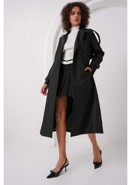 Kadın Siyah Kruvaze Yaka Uzun Trençkot %100 Polyester Regular Kalıp modelleri