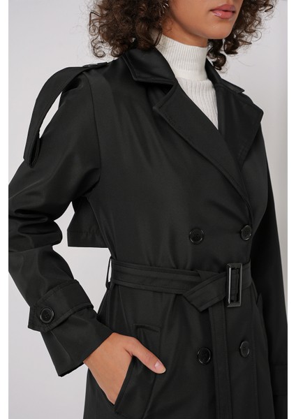 Kadın Siyah Kruvaze Yaka Uzun Trençkot %100 Polyester Regular Kalıp indirimleri