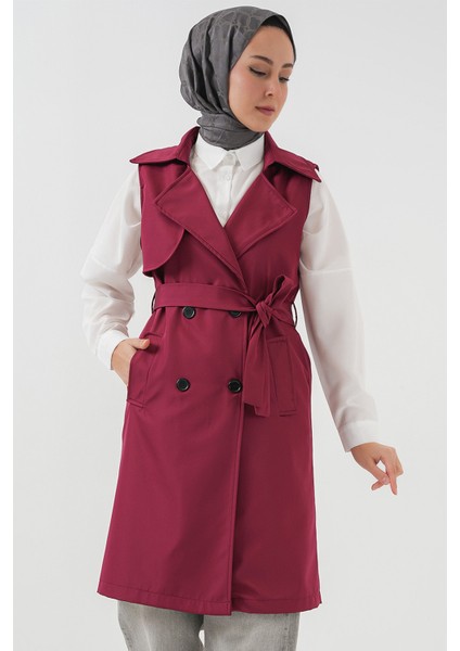 5911 Kruvaze Yaka Trençkot Yelek - Bordo