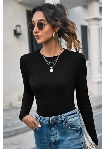 - Kadın Siyah Uzun Kollu Fit Basic Crop Top Bluz