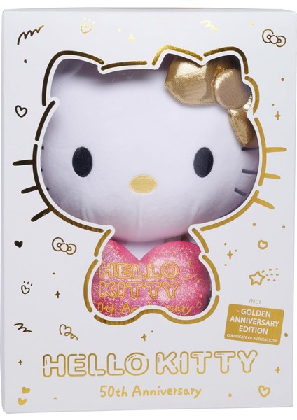 109280151, Hello Kitty 50. Yıldönümü, 30CM, Altın Kıyafetli Hello Kitty Peluş Figür, Işıltılı Bir Kalp, Özel Hediye Kutusuyla