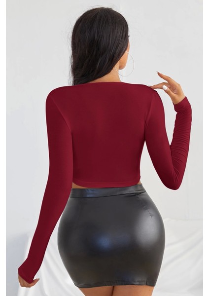 - Kadın Bordo Uzun Kol Kare Yaka Crop Top Bluz fiyatları