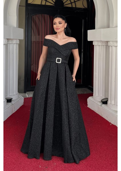 Jakar Kumaş Kayık Kaya Prenses Elbise - Siyah fiyatları