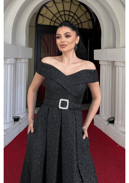 Jakar Kumaş Kayık Kaya Prenses Elbise - Siyah fırsatları