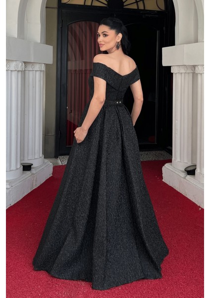 Jakar Kumaş Kayık Kaya Prenses Elbise - Siyah indirimleri