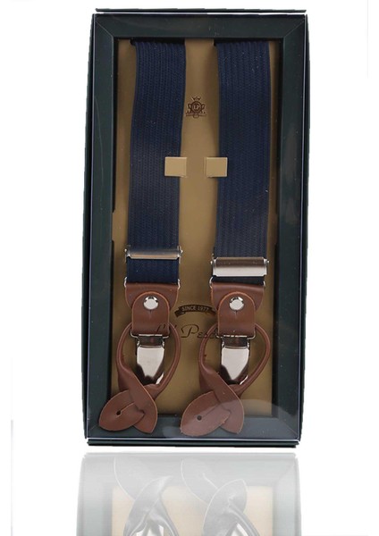 Lacivert Pantolon Askısı Deri Bağlantılı Düğme Delikli Jakarlı PAN202