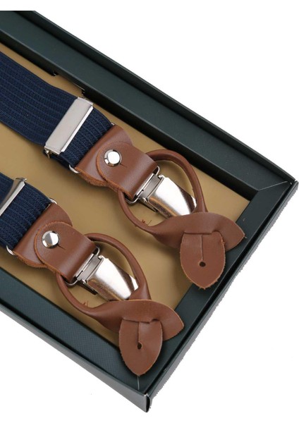 Lacivert Pantolon Askısı Deri Bağlantılı Düğme Delikli Jakarlı PAN202 modelleri