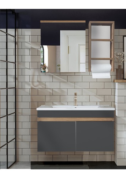 Venüs 80 cm Komple Mdf Banyo Dolabı, Seramik Lavabolu, Havluluklu Banyo Dolabı Seti Hazır Kurulu-Antrasit