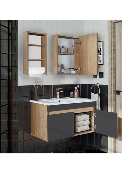 Venüs 80 cm Komple Mdf Banyo Dolabı, Seramik Lavabolu, Havluluklu Banyo Dolabı Seti Hazır Kurulu-Antrasit fiyatları