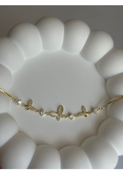 14K Altın Kaplama 3 Lü Kelebek Zirkon Taşlı Gümüş Bileklik | Garantili