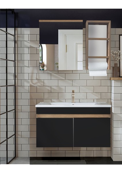 Venüs 80 cm Komple Mdf Banyo Dolabı, Seramik Lavabolu, Havluluklu Banyo Dolabı Seti Hazır Kurulu-Siyah