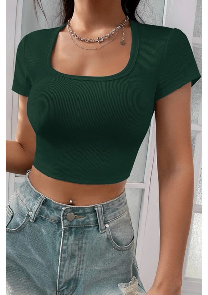 - Kadın Yeşil Yarım Kol Düz Yaka Crop Top Bluz