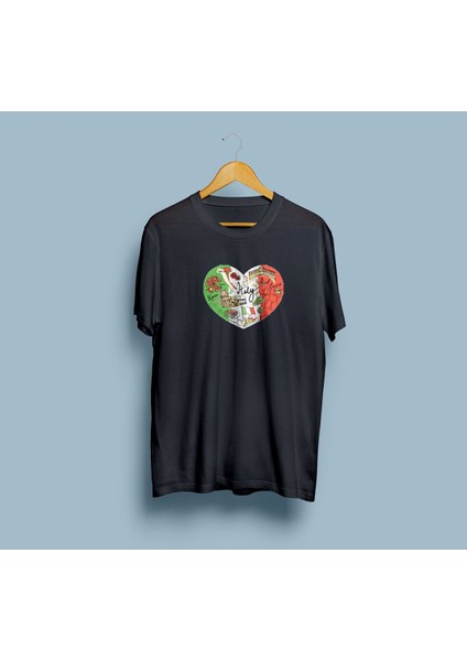 Oversize Kalp Içinde Italya ve Turistik Yerler Tasarım Unisex T-Shirt