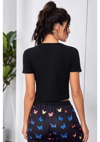 - Kadın Siyah Çift Fermuarlı Yarım Kol Crop Top Bluz