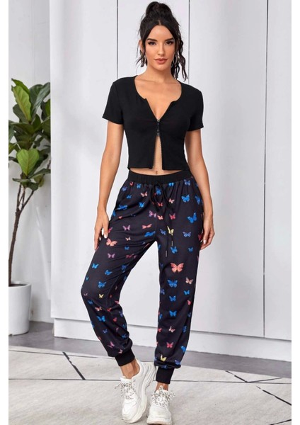 - Kadın Siyah Çift Fermuarlı Yarım Kol Crop Top Bluz