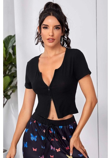 - Kadın Siyah Çift Fermuarlı Yarım Kol Crop Top Bluz