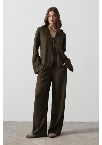 Önden Biyeli Bluz ve Pantolon Takım - Haki indirimleri