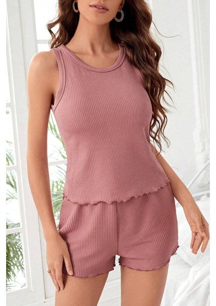 - Kadın Tozlu Pembe Kenarları Fırfırlı Şortlu Kaşkorse Gecelik Takımı modelleri