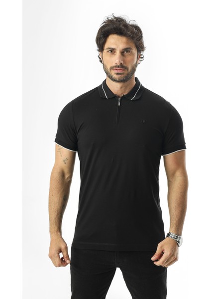 Polo Yaka Yarım Fermuarlı Nakış Armalı Pamuk T-SHIRT-PL-3618