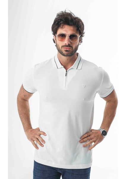 Polo Yaka Yarım Fermuarlı Nakış Armalı Pamuk T-SHIRT-PL-3618