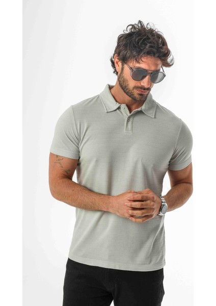 Polo Yaka Düğmeli Viskon Karışımlı Jakarlı T-SHIRT-J-2093