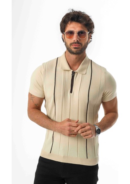 Polo Yaka Yarım Fermuarlı Çizgi Desenli Triko T-SHIRT-TY-1311