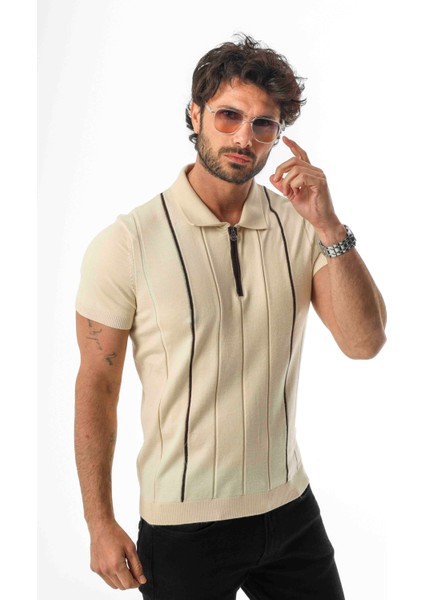 Polo Yaka Yarım Fermuarlı Çizgi Desenli Triko T-SHIRT-TY-1311 fiyatları