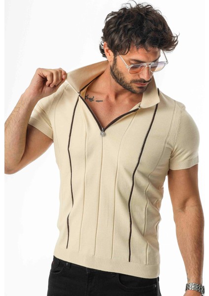 Polo Yaka Yarım Fermuarlı Çizgi Desenli Triko T-SHIRT-TY-1311 fırsatları