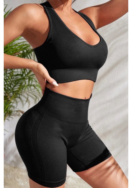 - Kadın Siyah Yüksek Bel Çapraz Sırt Detaylı Şortlu Gecelik Takım modelleri