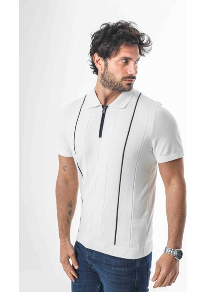 Polo Yaka Yarım Fermuarlı Çizgi Desenli Triko T-SHIRT-TY-1311 fiyatları