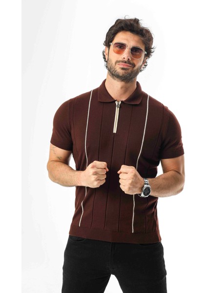 Polo Yaka Yarım Fermuarlı Çizgi Desenli Triko T-SHIRT-TY-1311
