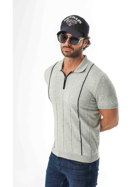 Polo Yaka Yarım Fermuarlı Çizgi Desenli Triko T-SHIRT-TY-1311 fırsatları