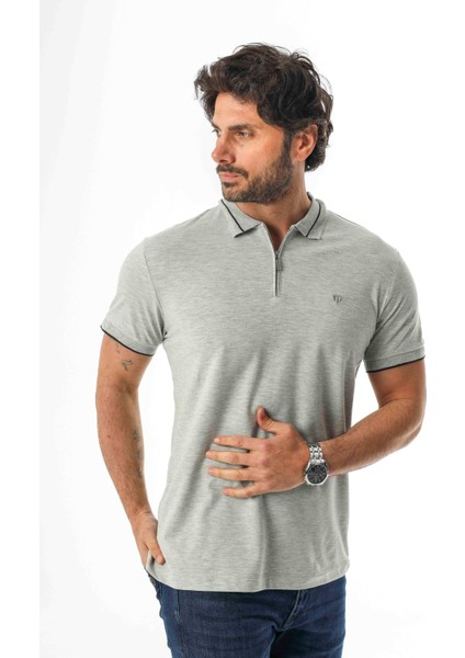 Polo Yaka Yarım Fermuarlı Nakış Armalı Pamuk T-SHIRT-PL-3618