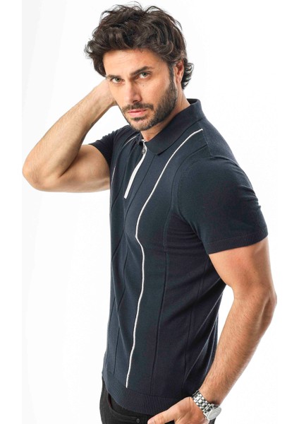 Polo Yaka Yarım Fermuarlı Çizgi Desenli Triko T-SHIRT-TY-1311 fiyatları