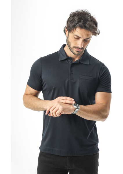Polo Yaka Düğmeli Cepli Düz Renk T-SHIRT-6288