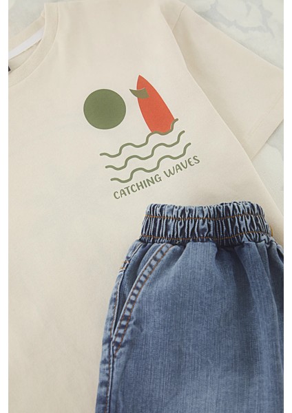 Erkek Çocuk Catching Waves Baskılı Tişört Kot Şort 2'li Takım fiyatları
