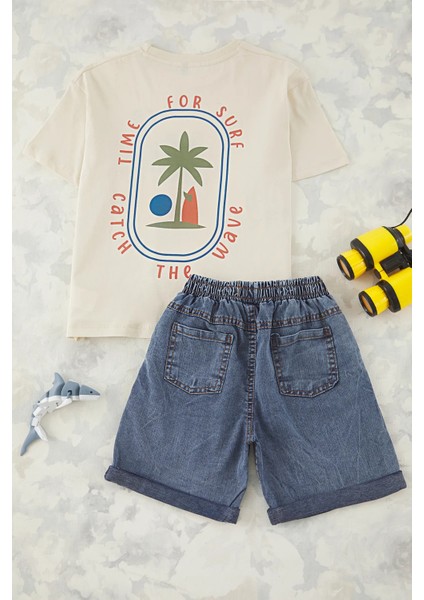 Erkek Çocuk Catching Waves Baskılı Tişört Kot Şort 2'li Takım modelleri