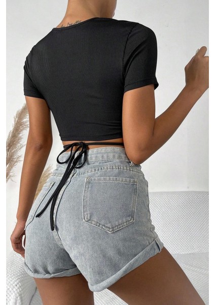 - Kadın Siyah Yarım Kol Çapraz Bağlamalı Crop Top Bluz