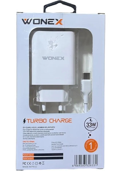 Çift Girişli 33W Turbo Type-C Şarj Adaptör Kablo
