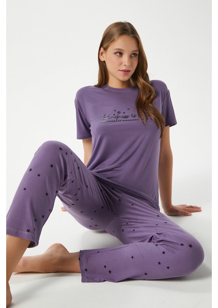 Kadın Kindness Yumuşak Doku Mürdüm Yıldız Desen Bisiklet Yaka Kısa Kollu Alt Üst Pijama Takımı